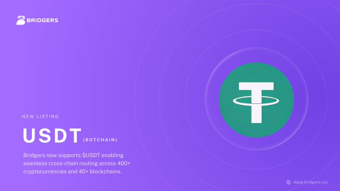 A promotional graphic from Bridgers announcing a new listing of USDT (Botchain), noting it enables seamless cross-chain routing across 400+ cryptocurrencies and 40+ blockchains.