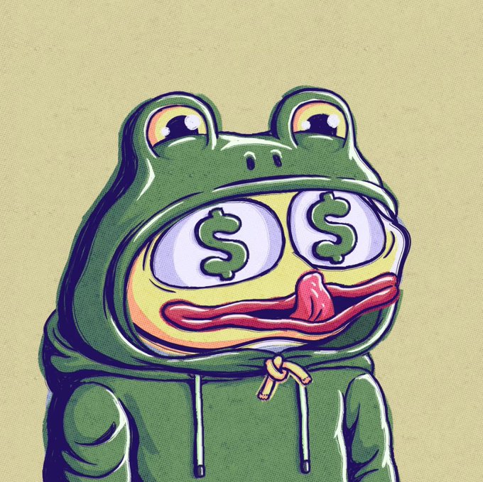 A Pepe the Frog character wearing a green frog hoodie with dollar signs in his eyes, tongue sticking out greedily, symbolizing the excitement and money-hunger associated with the AutismioETH mint mentioned in the reminder.