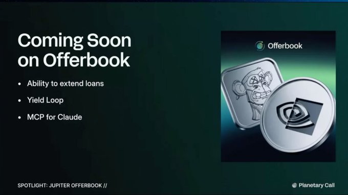 The image features a slide from a presentation about an upcoming offerbook for lending against tokens, TCG cards, collectibles, and other onchain assets. The text on the slide indicates that this offerbook will be available soon and includes details such as the ability to extend loans, yield loop, and Claude MCP support.