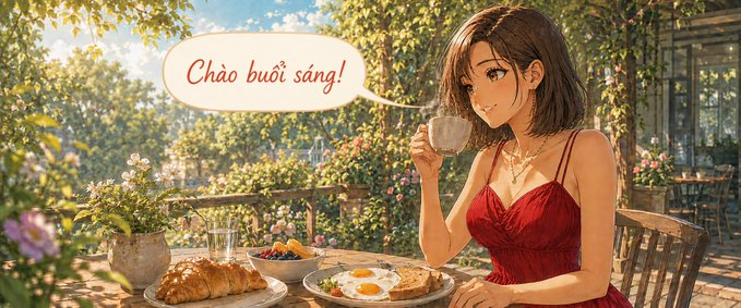 Anime-style illustration of a woman in a red dress enjoying coffee and breakfast in a garden, with a speech bubble reading 'Chào buổi sáng!' (Good morning!).