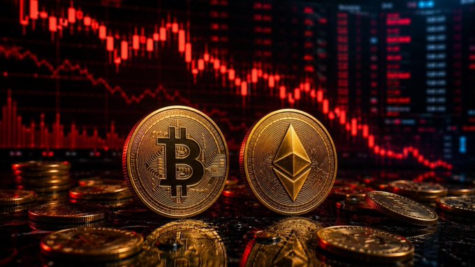 Gold Bitcoin and Ethereum coins displayed against a backdrop of red downward-trending stock market charts, symbolizing a crypto market decline.