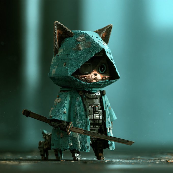 A 3D rendered artwork of a small, weathered cat-like figure wearing a hooded cyan/teal cloak, holding a katana sword, standing in a dark atmospheric environment with teal lighting.