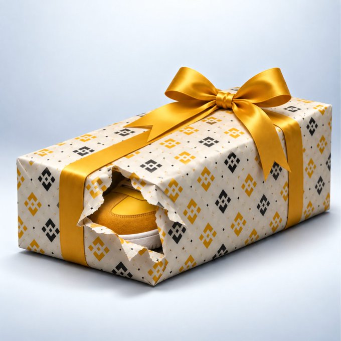A gold satin ribbon and bow adorn a cream-colored gift box wrapped in patterned paper, torn open to reveal a glimpse of the golden merch inside, teasing fans with just a preview of the Mid-Autumn Festival merchandise.