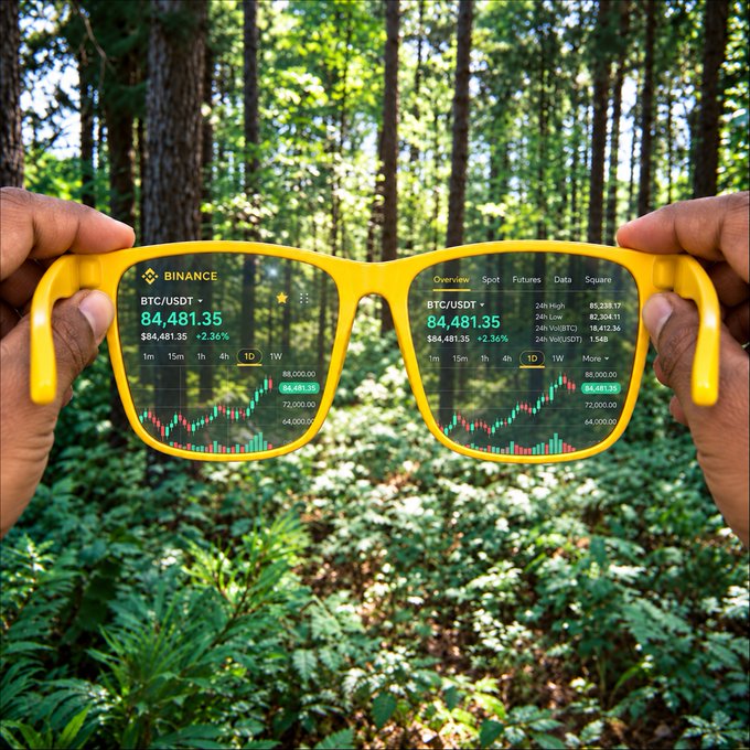 A pair of hands holds up yellow-framed glasses displaying Binance BTC/USDT charts showing a price of $84,481.35 (+2.36%), with the forest setting humorously illustrating the "touch grass" concept of disconnecting from crypto markets to enjoy nature.