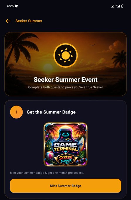 A mobile app screenshot for a 'Seeker Summer Event' with a sunset background, showing a task to 'Get the Summer Badge' featuring a 'Game Terminal - Seeker Summer' badge and a 'Mint Summer Badge' button.