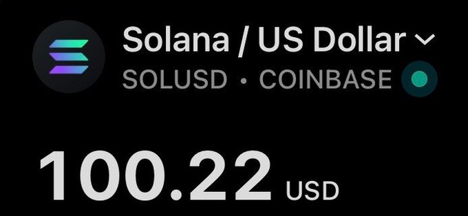 Coinbase price display showing Solana (SOL) at 100.22 USD.