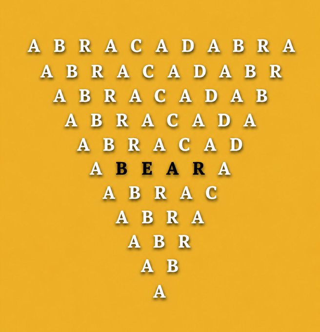 An orange background displays the word "ABRACADABRA" stacked in decreasing line lengths to form a triangle, with the middle line reading "ABEARRA" where the letters "B", "E", and the final "A" are highlighted in bold black.