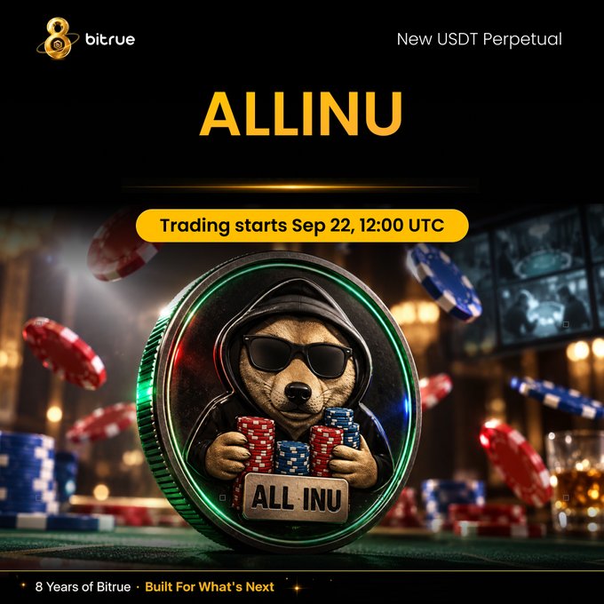 Bitrue announces the launch of the $ALLINUUSDT perpetual futures contract, with trading starting September 22 at 12:00 UTC, featuring a Shiba Inu mascot wearing sunglasses and holding poker chips to promote up to 10x leverage trading.