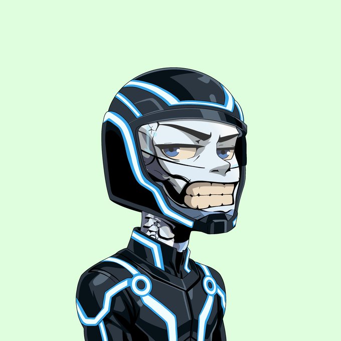 A cartoon-style illustration of a cybernetic character wearing a black and blue Tron-like helmet with glowing light strips, a metallic skull face, and a robotic armored body, set against a pale green background.