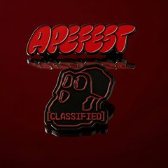A bold red and black 3D graphic displaying "APEFEST" above an ape skull with a "[CLASSIFIED]" stamp across its mouth, promoting the early access launch of this year's Bored Ape Yacht Club merchandise ahead of the ApeFest event.