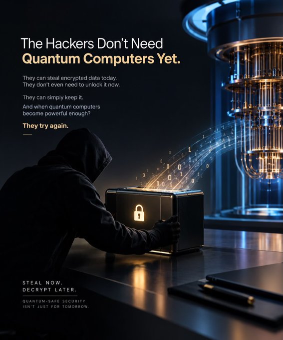 An advertisement showing a hooded figure holding a locked box with a padlock icon, positioned next to a quantum computer. Text reads "The Hackers Don't Need Quantum Computers Yet," and "STEAL NOW. DECRYPT LATER," with binary digits flowing between the box and the machine.