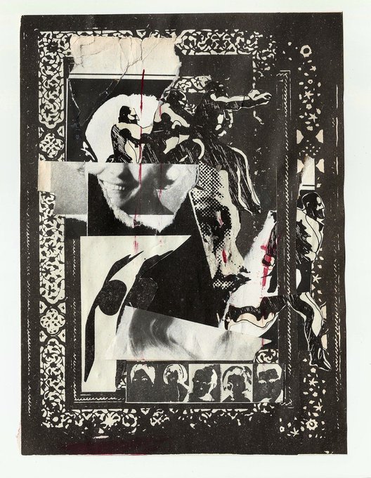 A black-and-white mixed-media collage artwork with ornate decorative borders, featuring fragmented images and streaks of red resembling paint or blood.