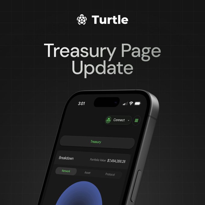 The image shows a promotional graphic titled "Turtle - Treasury Page Update," featuring a smartphone displaying the redesigned Treasury interface with a "Connect" button and a portfolio value of $7,494,288.28 broken down by Network, Asset, and Protocol. This visually introduces the updated Treasury page highlighted in the post, showcasing its new breakdown capabilities for onchain data.