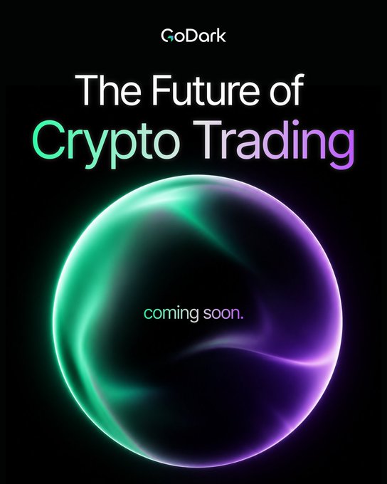 A promotional graphic for 'GoDark' with the tagline 'The Future of Crypto Trading' and 'coming soon.' displayed over a glowing green and purple orb.