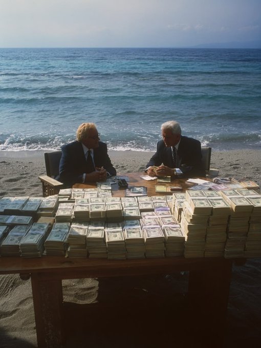 Two men in suits sit at a table covered with stacks of banded U.S. currency on a sandy beach with the ocean in the background.