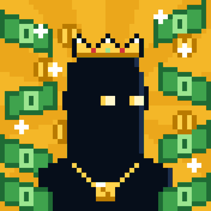 A pixel art image depicts a dark, silhouetted Bigfoot-like creature wearing a jeweled gold crown and a gold chain necklace, set against a yellow background scattered with green pixelated foliage, symbolizing the mythical "BITFOOTS" NFTs from the Zcash blockchain collection.
