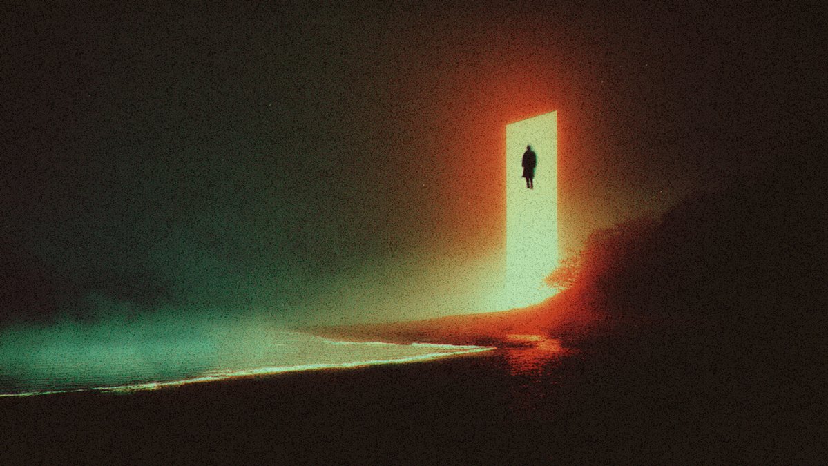 The image features an open door with a silhouette of a person standing outside, facing away from the viewer. The background shows a dark sky filled with clouds, creating a sense of mystery or intrigue. The scene appears to be set outdoors at night, adding to the overall atmosphere and mood of the image.