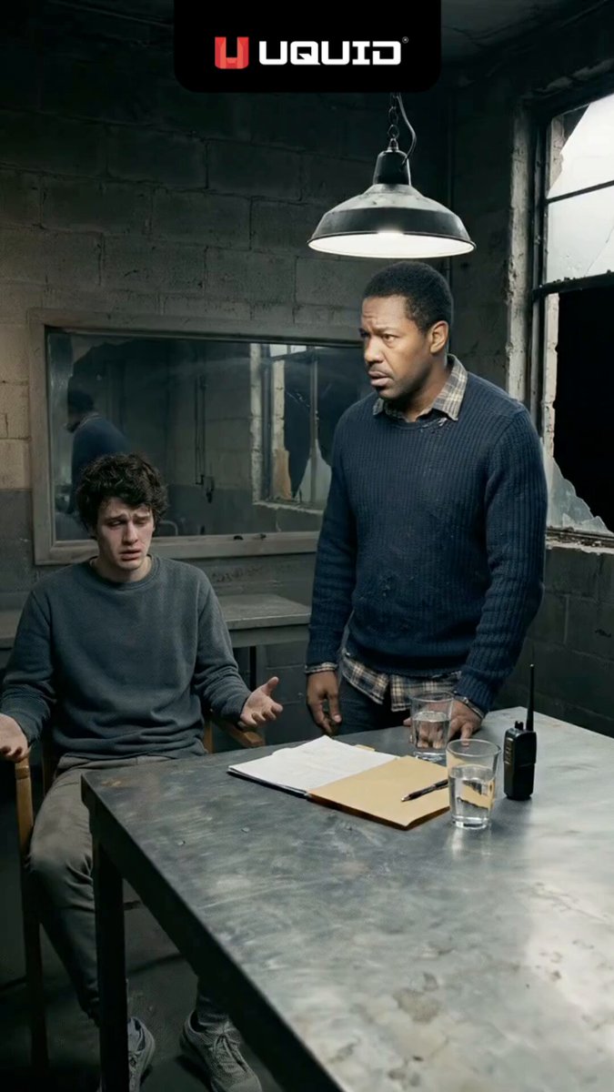 The image shows two men standing behind a table with a book open on top of it. One man appears to be a police officer, while the other seems to be a criminal who has been questioned by the officer. The scene takes place inside an office or a room that is dimly lit and has a brick wall in the background. There are also two cups placed on the table, one near each of them.