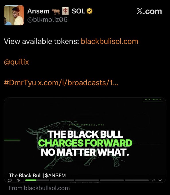 A screenshot of a tweet from Ansem (@blkmoliz06) promoting tokens at blackbulisol.com, featuring a stylized "The Black Bull Charges Forward No Matter What" graphic. The tweet mimics a legitimate crypto promotion, aligning with the caption's warning that the post appears authentic but is actually a phishing scam designed to trick users into clicking malicious links.