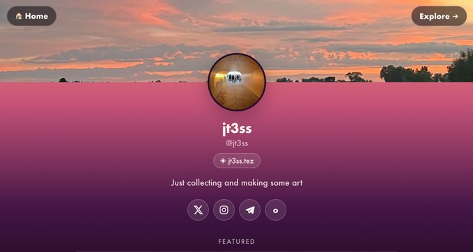 A social profile page for "jt3ss" (@jt3ss) on teztree.com features a sunset landscape banner with an RV, alongside the tagline "Just collecting and making some art" and social media icons, promoting the platform's integration of social trees with the Tezos blockchain.