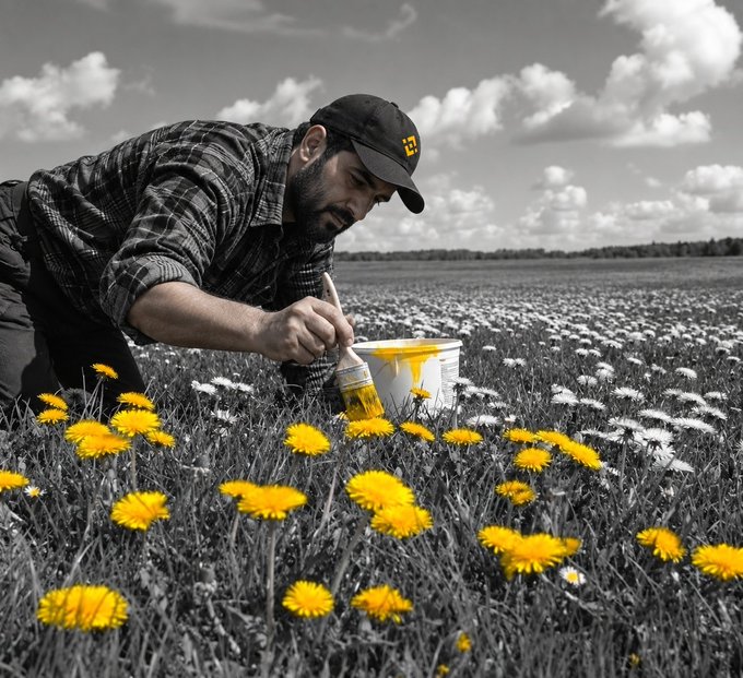 A man in a plaid shirt and dark cap crouches in a black-and-white field, using a paintbrush to color dandelions bright yellow from a bucket, matching the playful "correcting the vibe manually" caption by literally painting joy back into a monochrome landscape.