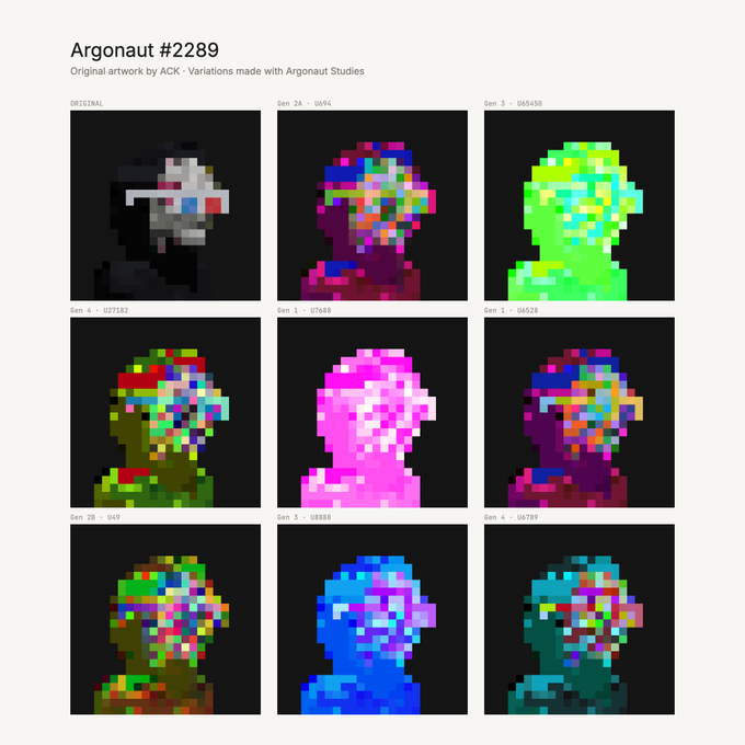 A webpage titled 'Argonaut #2289' showing a 3x3 grid of pixel art variations of a character portrait with different color palettes, attributed to original artwork by ACK.