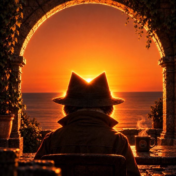 A silhouette of a cat wearing a hat, viewed from behind, looking out through a stone archway at a bright orange sunset over the ocean. A steaming mug sits on the ledge to the right.