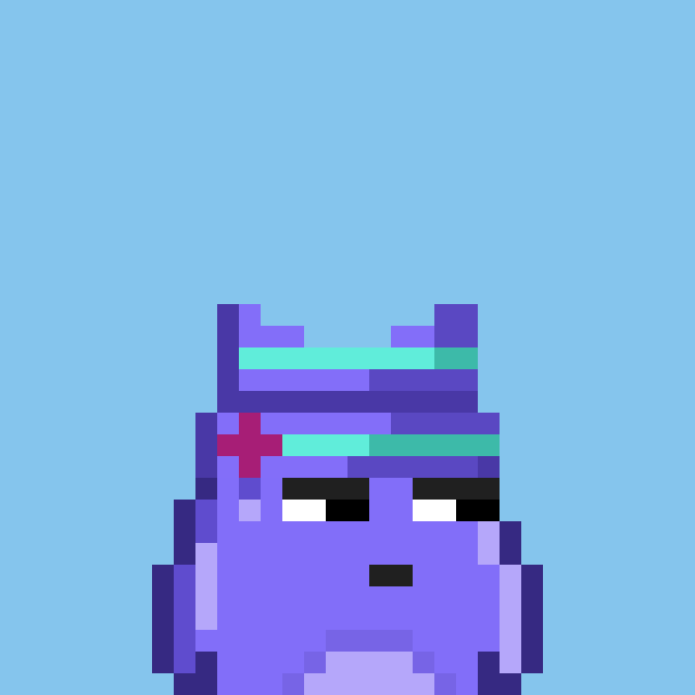 A pixel art illustration of a purple creature with large eyes, wearing a teal headband with a red cross symbol on a light blue background.