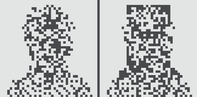 A black-and-white pixelated portrait split into two halves by a vertical line, showing the low-resolution, customizable "Normie" NFT art style. The image illustrates a digital art piece (#9572) where 410 pixels have been modified, as referenced in the accompanying post by edmckenway.eth on normies.art.