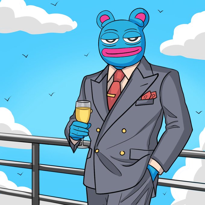 The image features a blue cartoon character, presumably a clown or pirate-type person, standing outside with their arm resting on a railing next to a glass of champagne. The background includes a sky filled with clouds and some birds flying by. There is also text that reads "Day 42 posting $BRETT until we reach $10B @BasedBrett 0x532f27101965dd16442e59d40670faf5ebb142e4". This suggests that the image's creator, Brett based in the United States, has been keeping track of the number of days they have posted and is excited to reach a specific milestone.