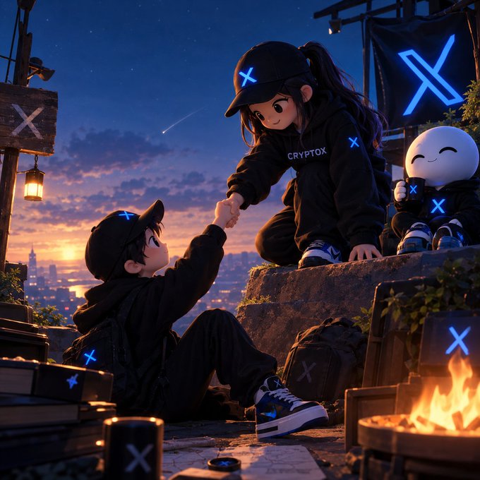 An anime-style illustration of two figures in black 'CRYPTOX' branded hoodies with glowing blue X logos, sitting at sunset with a cityscape in the background.