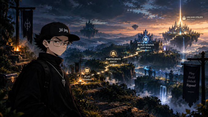 An anime-style character wearing a black 'Jd jog' cap and glasses stands before a fantasy game menu showing floating islands, with options like 'PARTICIPATE', 'PLAY', 'BUILD STATUS MINT STATUS', 'UNLOCK UTILITY', and a banner reading 'Play Build Unlock Repeat'.