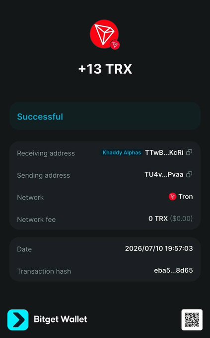 A Bitget Wallet screenshot showing a successful Tron network transaction of +13 TRX received by "Khaddy Alphas," illustrating the promised free TRX payout from the TRXVaultt bot.