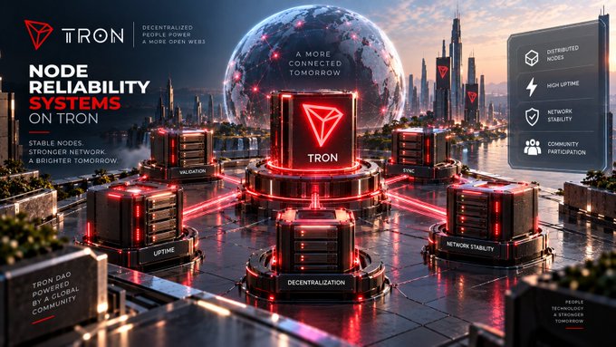 A promotional graphic for TRON cryptocurrency highlighting 'NODE RELIABILITY SYSTEMS ON TRON' with futuristic imagery of glowing red server nodes against a sci-fi cityscape and globe.