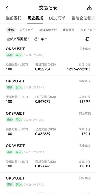 A mobile app screen displaying a trading history page in Chinese, titled '交易记录' (Transaction Record), showing multiple completed OKB/USDT buy orders from late September.