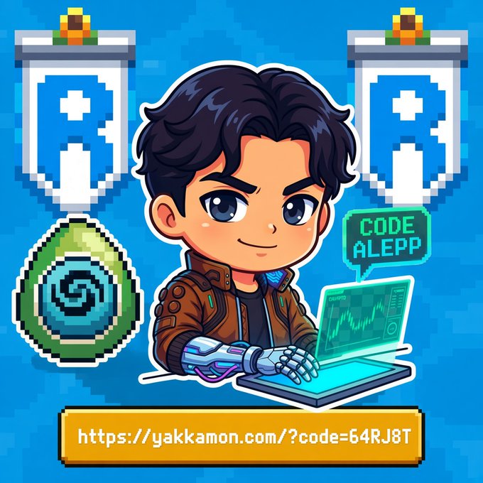 Chibi-style illustration of a boy with a cybernetic arm using a laptop displaying 'CODE ALEPP', with a link 'https://yakkamon.com/?code=64RJ8T' at the bottom.