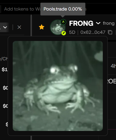 A screenshot from OKX DEX shows the token $FRONG listed with a tooltip displaying "Pools.trade 0.00%" launchpad status, featuring a cartoon frog image as the token's visual. The caption should note the 0.00% bonding status visible in the tooltip, directly illustrating the post's observation about the waiting period for the page to load.