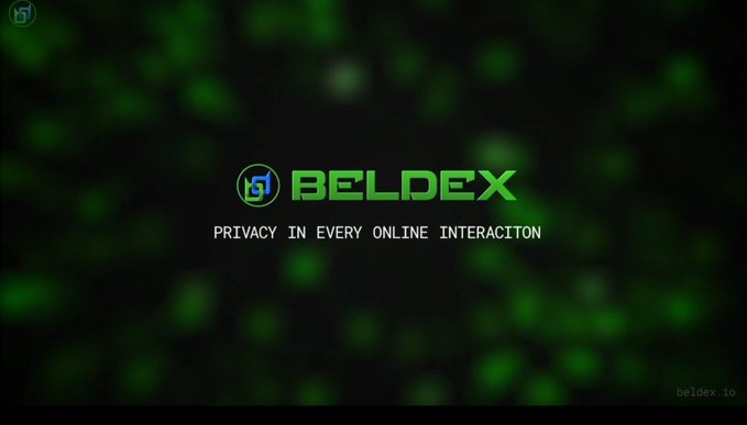 A green digital-style logo for 'BELDEX' with the tagline 'PRIVACY IN EVERY ONLINE INTERACTON' against a dark, blurred background with 'beldex.io' in the corner.