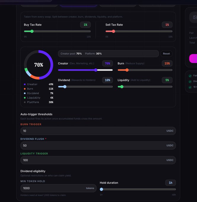 A dark-themed token launchpad configuration interface showing tax rates (1% buy/sell), fee distribution across Creator (70%), Burn (15%), Dividend (10%), and Liquidity (5%), along with auto-trigger thresholds in USDC for various actions and dividend eligibility settings requiring holders to maintain 1,000 tokens for at least 1 hour, illustrating the platform's comprehensive customization features for new token launches like the $ARC project mentioned in the post.