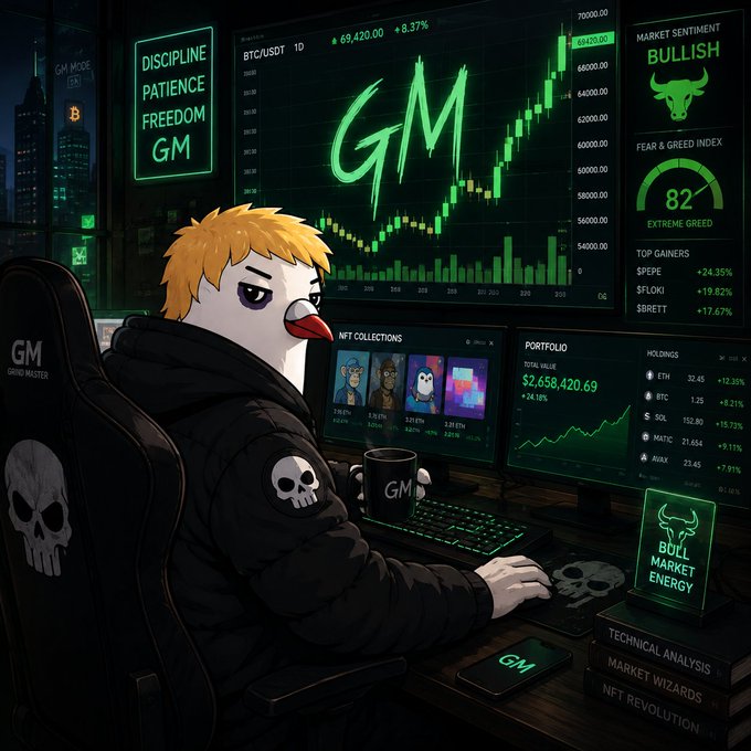 An anime-style illustration of a blonde character with a skull hoodie sitting at a multi-monitor crypto trading setup, with screens showing 'BTC/USDT', a green candlestick chart, 'MARKET SENTIMENT BULLISH', 'Fear & Greed Index 82 EXTREME GREED', NFT collections, and 'BULL MARKET ENERGY'.