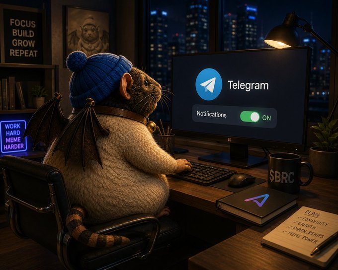A bespectacled possum wearing a blue beanie sits at a desk enabling Telegram notifications on a monitor, while a nearby notepad lists "PLAN: Community Growth, Partnerships, Meme Power" under an "SBRC" mug—visually representing the community's eagerness to be alerted the moment CCTP goes live.

Key visible text: "Telegram," "Notifications ON," "FOCUS BUILD GROW REPEAT," "WORK HARD MEME HARDER," "SBRC," "PLAN," "COMMUNITY GROWTH," "PARTNERSHIPS," "MEME POWER."