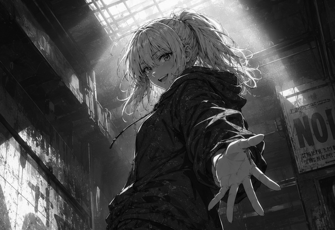 The image features a girl with blonde hair wearing a hoodie, standing in an alleyway or basement setting. She has her hand outstretched towards someone who appears to be holding a sign that says "no". The background of the image is dark, which adds to the overall atmosphere and mood of the scene.