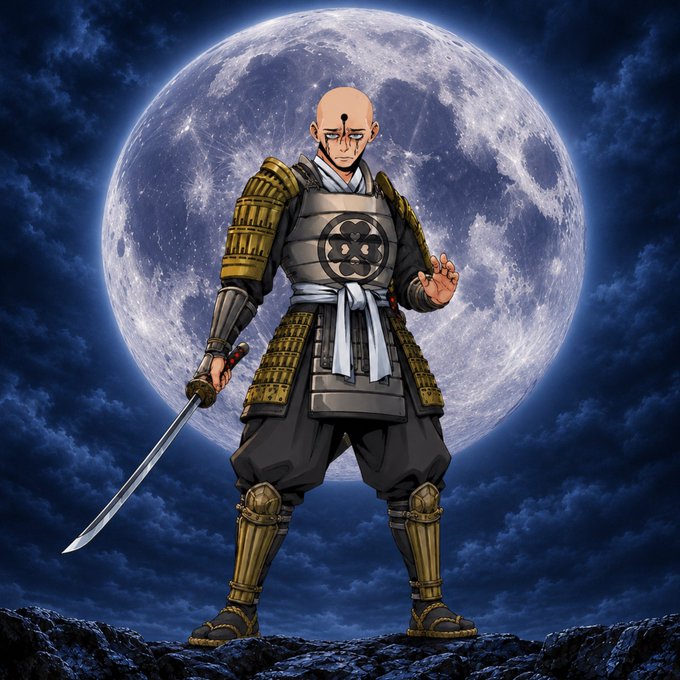 An anime warrior with a shaved head stands in traditional samurai armor holding a katana against a dramatic backdrop of a full moon and dark cloudy sky.