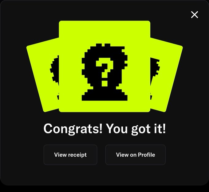 A pop-up screen displaying three green cards with a question mark silhouette and a profile design, reading 'Congrats! You got it!' with options to view receipt or profile.