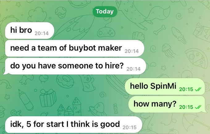 A Telegram chat screenshot showing a conversation about hiring a team of 'buybot makers,' with someone named SpinMi responding 'hello' and 'how many?'.