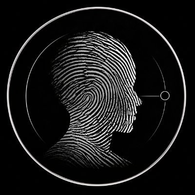 A stylized silhouette of a human head in profile filled with fingerprint-like ridges, enclosed in a glowing circle against a black background.