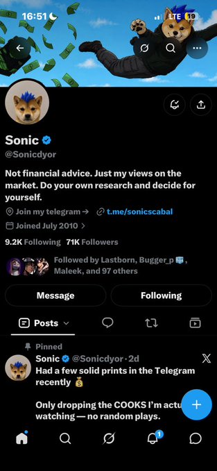 A screenshot of a social media profile for "Sonic" (@Sonicdyor) with 9.2K Following and 71K Followers, featuring a bio that says "Not financial advice. Just my views on the market. Do your own research and decide for yourself" and a pinned post about dropping "COOKS."
