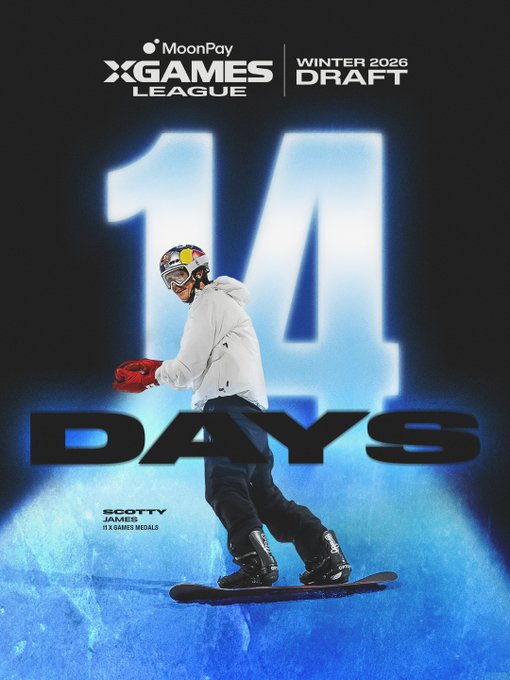A countdown graphic for the MoonPay X Games League Winter 2026 Draft shows "14 DAYS" alongside a snowboarder (labeled "SCOTTY JAMES, 15 X GAMES MEDALS") in a white jacket, goggles, and red gloves against a glowing blue background.