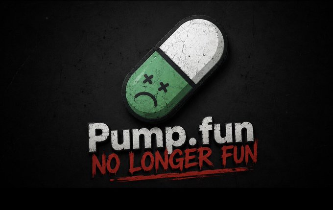A graphic design shows a distressed, pill-shaped icon with a sad face on a black background, above the text 'Pump.fun' in white and 'NO LONGER FUN' in red.