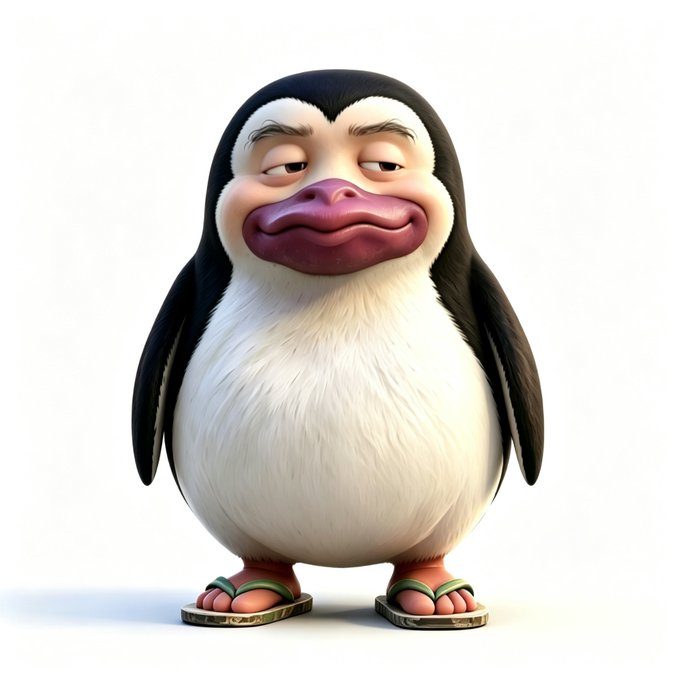 A cartoon penguin character with a relaxed, sleepy expression and flipper-like wings stands wearing flip-flop sandals. The chubby, anthropomorphic penguin visually represents the "QiFei" anime IP mentioned in the post, with its laid-back demeanor reflecting the optimistic, casual launch announcement about creating a new LP pool called "NiuLai."